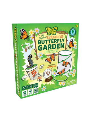 A green box with colorful art of the butterfly life cycle garden kit, with orange butterflies and gray caterpillars.