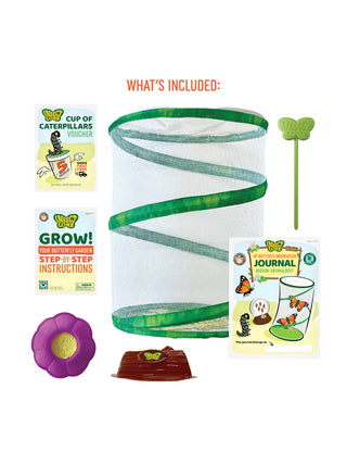 The contents of the butterfly garden: one butterfly habitat, one observation journal, one voucher for a cup of caterpillars, one set of instructions, one feeder, one lid holding log, and one feeding dropper.