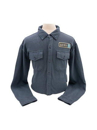 Navy blue button down with a collar, two breast pockets, and an embroidered patch above the left breast pocket with the Ravinia logo.