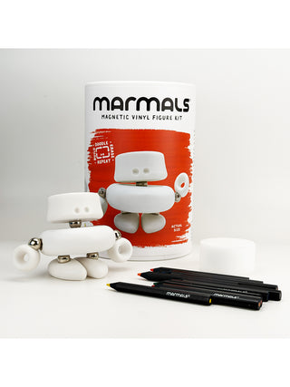 Chunk Marmals kit, displaying the white buildable figure, colored pencils, and eraser block included.