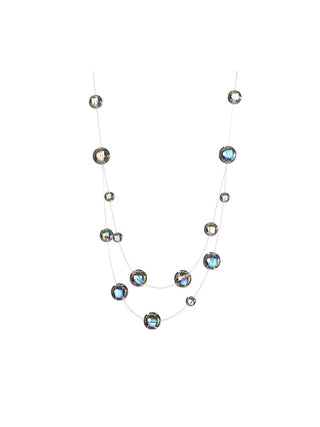 A necklace made of iridescent crystal pearls on nylon threads.