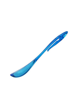 A clear Ravinia branded spoon with a clip on the handle, side view.