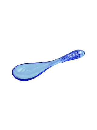 A blue Ravinia branded spoon with a clip on the handle.