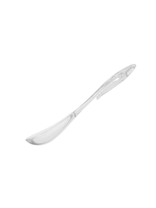 A clear Ravinia branded spoon with a clip on the handle, side view.