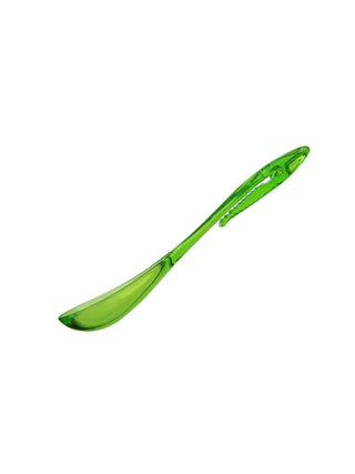 A clear Ravinia branded spoon with a clip on the handle, side view.