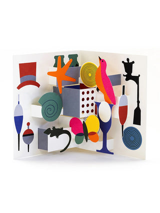 An open white pop-up card with colorful animals and objects in blue, red, orange, and green.