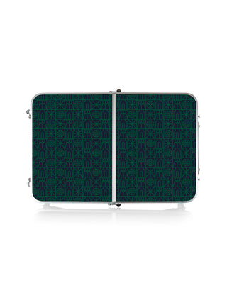 The top of the table, with a geometric navy and green Ravinia inspired design.