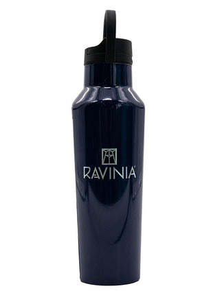 A glossy navy canteen water bottle with the Ravinia logo.