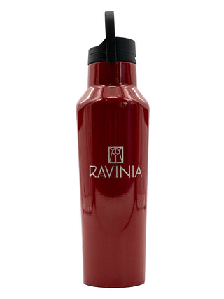 A glossy red canteen water bottle with the Ravinia logo.