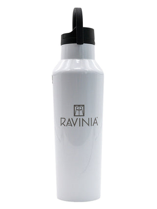 A glossy white canteen water bottle with the Ravinia logo.