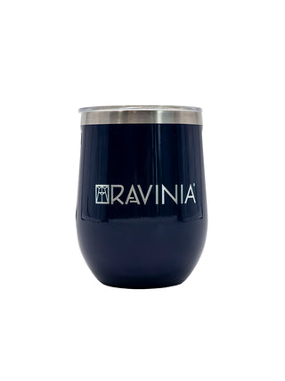 A glossy navy stemless tumbler with the Ravinia logo.