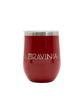 A glossy red stemless tumbler with the Ravinia logo.