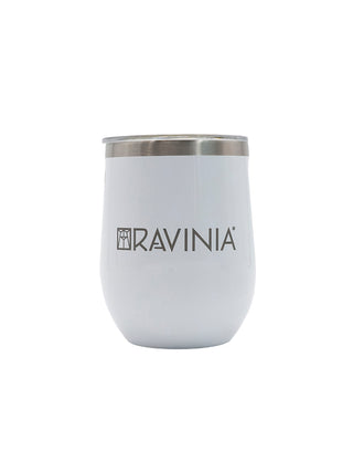 A glossy white stemless tumbler with the Ravinia logo.