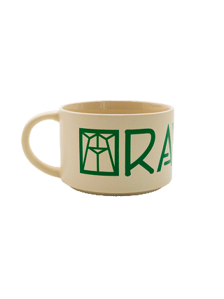 A gif of the cream soup mug turning to show the full Ravinia logo design.