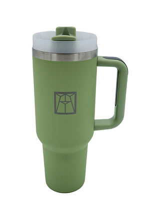 Sea green stainless steel water bottle with a handle, plastic lid, and the Ravinia logo.