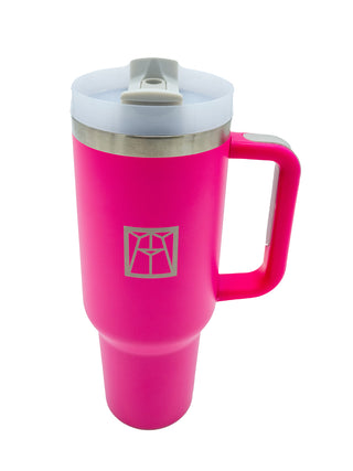 Hot pink stainless steel water bottle with a handle, plastic lid, and the Ravinia logo.