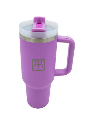 Light purple stainless steel water bottle with a handle, plastic lid, and the Ravinia logo.