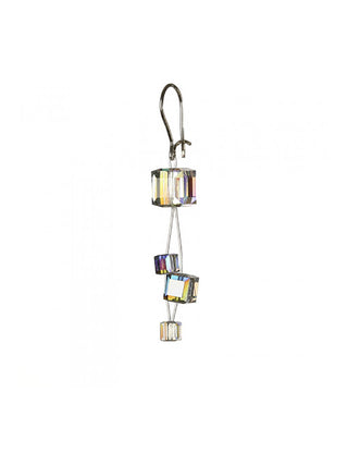 A wire earring with four iridescent crystal cubes on nylon thread.