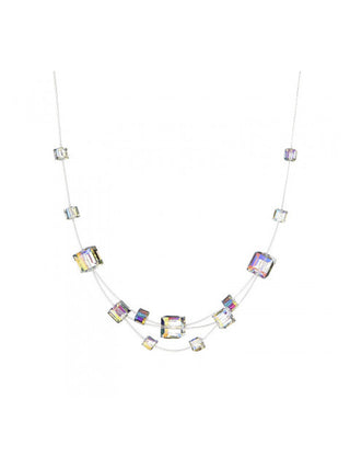 A necklace made of clear iridescent crystal beads on nylon strings.