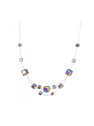A necklace made of clear iridescent crystal beads on nylon strings.