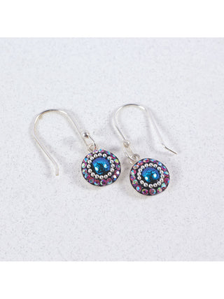 A pair of bedazzled crystal circle earrings on wire hooks.