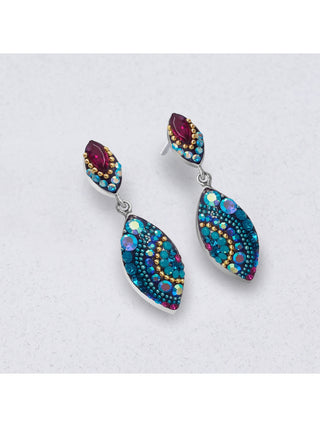A pair of stud dangle earrings made of two bejeweled seed shapes.