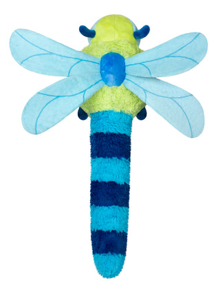 A green and blue plush version of a dragonfly with four wings, seen from above.