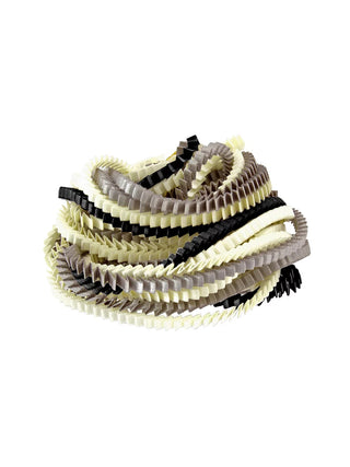 A black, silver, and ivory colored multi-strand pleated fabric necklace, coiled.