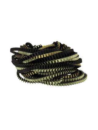 A black and olive colored multi-strand pleated fabric necklace, coiled.