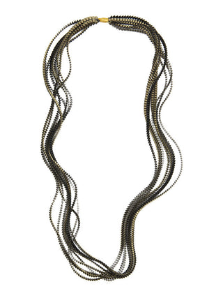 A black and olive colored multi-strand pleated fabric necklace.