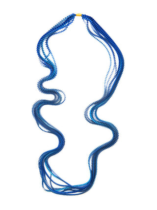A royal blue and turquoise colored multi-strand pleated fabric necklace.