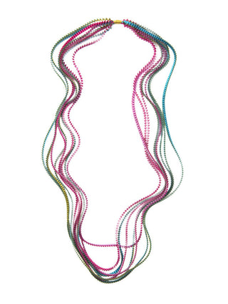 A fuchsia, turquoise, gold, and lilac colored multi-strand pleated fabric necklace.