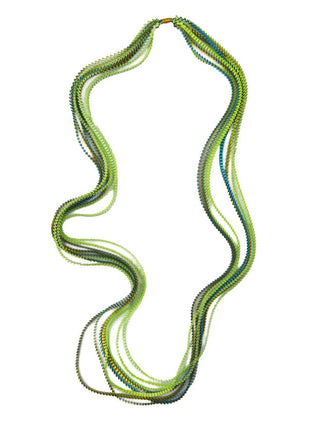 A lime green, turquoise, gold, and light green colored multi-strand pleated fabric necklace.