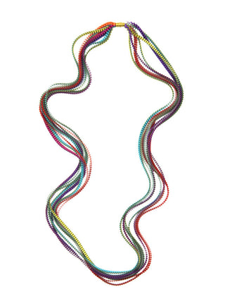 A red, orange, turquoise, gold, purple, and fuchsia colored multi-strand pleated fabric necklace.