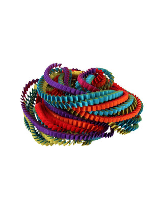 A red, orange, turquoise, gold, purple, and fuchsia colored multi-strand pleated fabric necklace, coiled.