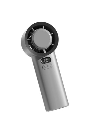 A gray handheld portable fan with a built-in cooling plate, on level 100.