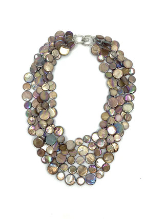 A five-strand necklace made of shiny brown mother of pearl discs, with a silver hook clasp.