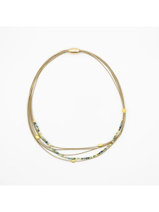 Gold piano wire necklace with gold and turquoise beads, and a magnetic clasp.