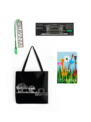 A silver Ravinia bookmark, a black and silver Ravinia pencil, a black Ravinia tote bag, and a Ravinia journal with the 2023 poster design, all on a white background.