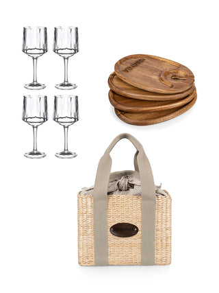 4 clear acrylic stemmed wine glasses, 4 wooden appetizer plates, and a woven picnic basket with a Ravinia leather patch.