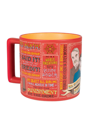 A red mug with a handle on the left, covered with quotes from musical duo Gilbert and Sullivan.