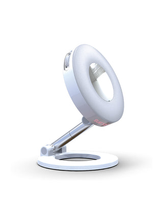 A white folding LED phone ring light on a white background.
