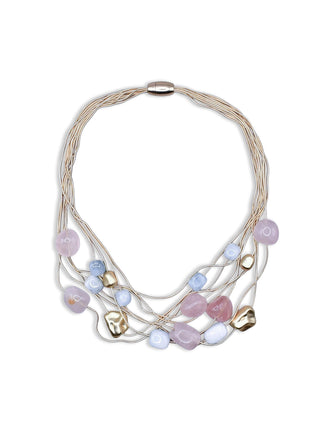 A multistrand gold wire necklace with aquamarine, rose quartz, and gold beads.