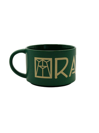 A green wide soup mug with the Ravinia logo in gold.