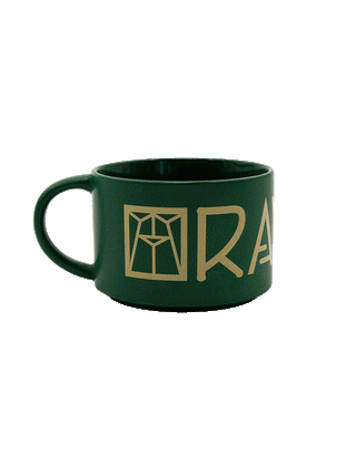 A gif of the green soup mug turning to see the full Ravinia logo.