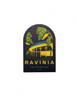 An arched wooden magnet with a design of the Hunter Pavilion, reading Ravinia Hunter Pavilion Est. 2026.