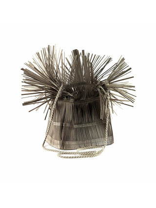A khaki colored bag made of pleated satin fabric, with a crossbody cord.