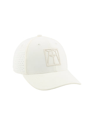 An ivory baseball cap with ivory embroidery of the Ravinia logo.