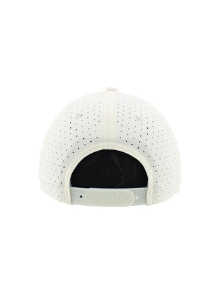 The back of an ivory baseball cap with an adjustable snap closure.