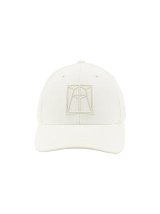 An ivory baseball cap with ivory embroidery of the Ravinia logo.